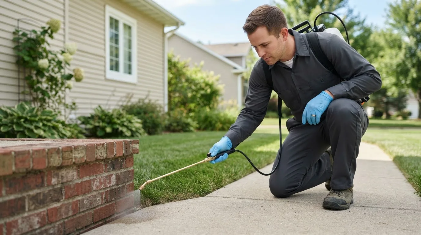 Pest control technician treating a home near Carlton, TX