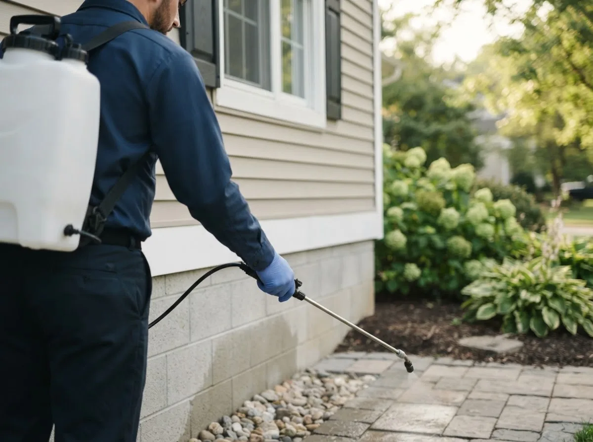 Pest control technician inspecting a home in Carlton, TX